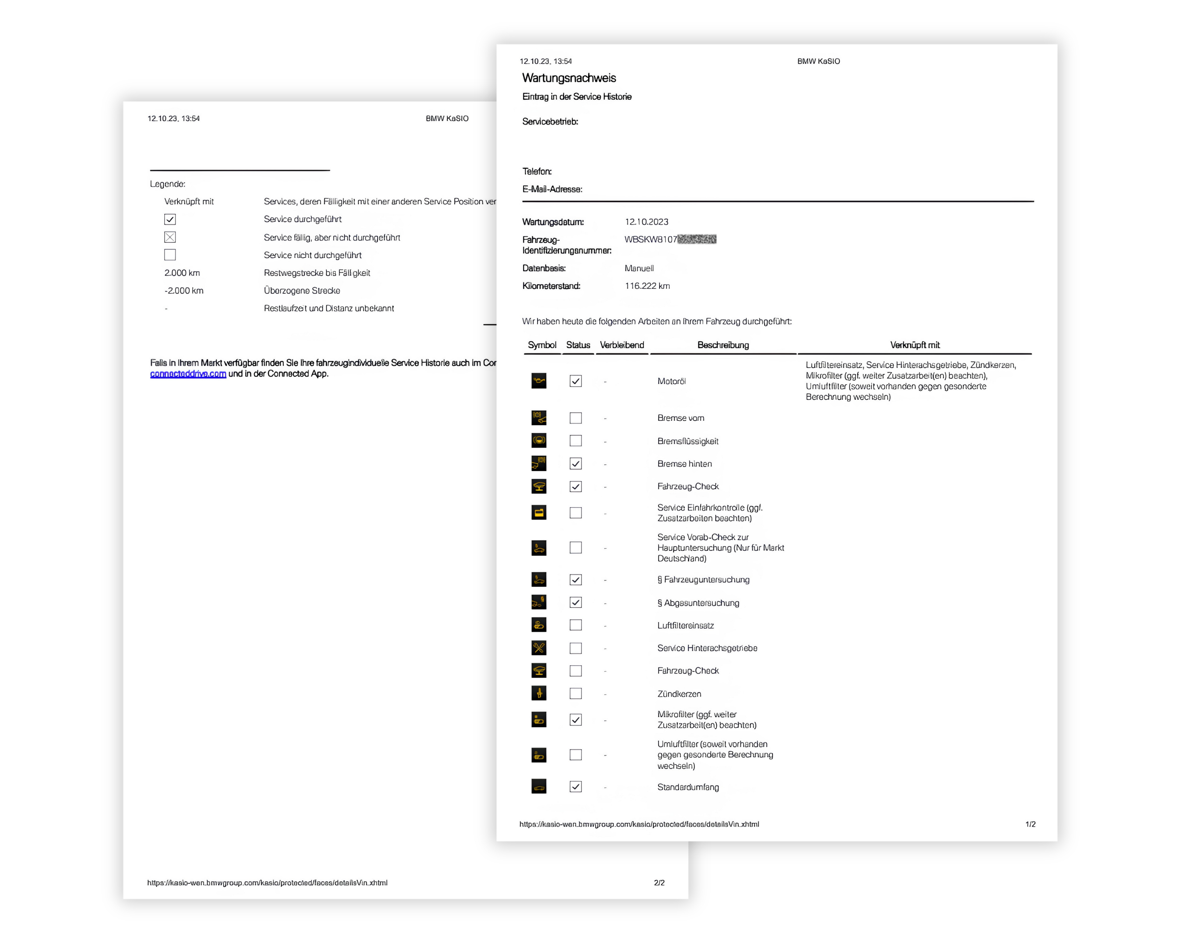 Screenshot einer Webseite mit dem Servicenachweis eines Fahrzeugs, mit Wartungshistorie für BMW, einschließlich Servicedaten, Kilometerstand und durchgeführten Arbeiten bei jedem Besuch.