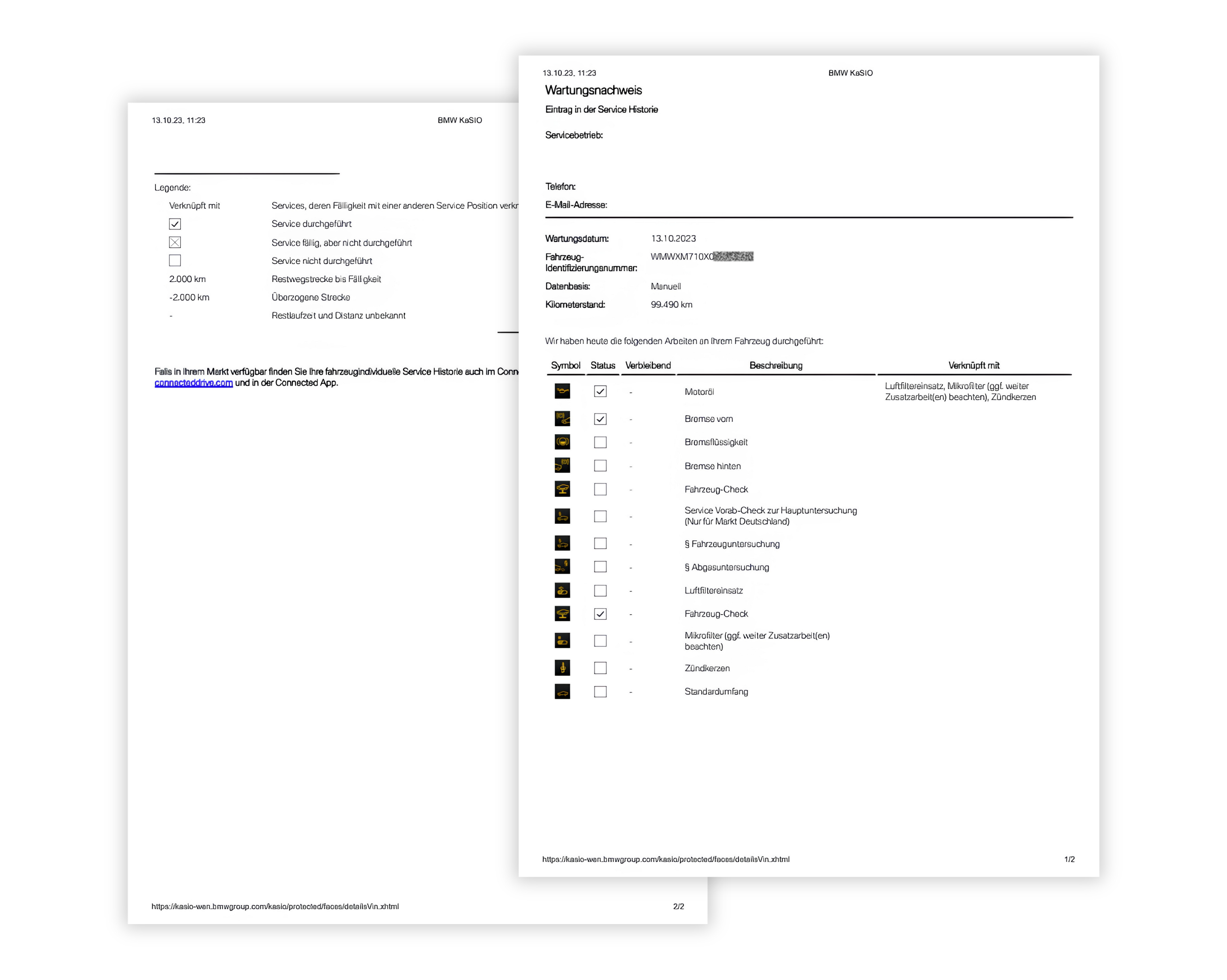 Screenshot einer Webseite mit dem Servicenachweis eines Fahrzeugs, mit Wartungshistorie für MINI, einschließlich Servicedaten, Kilometerstand und durchgeführten Arbeiten bei jedem Besuch.