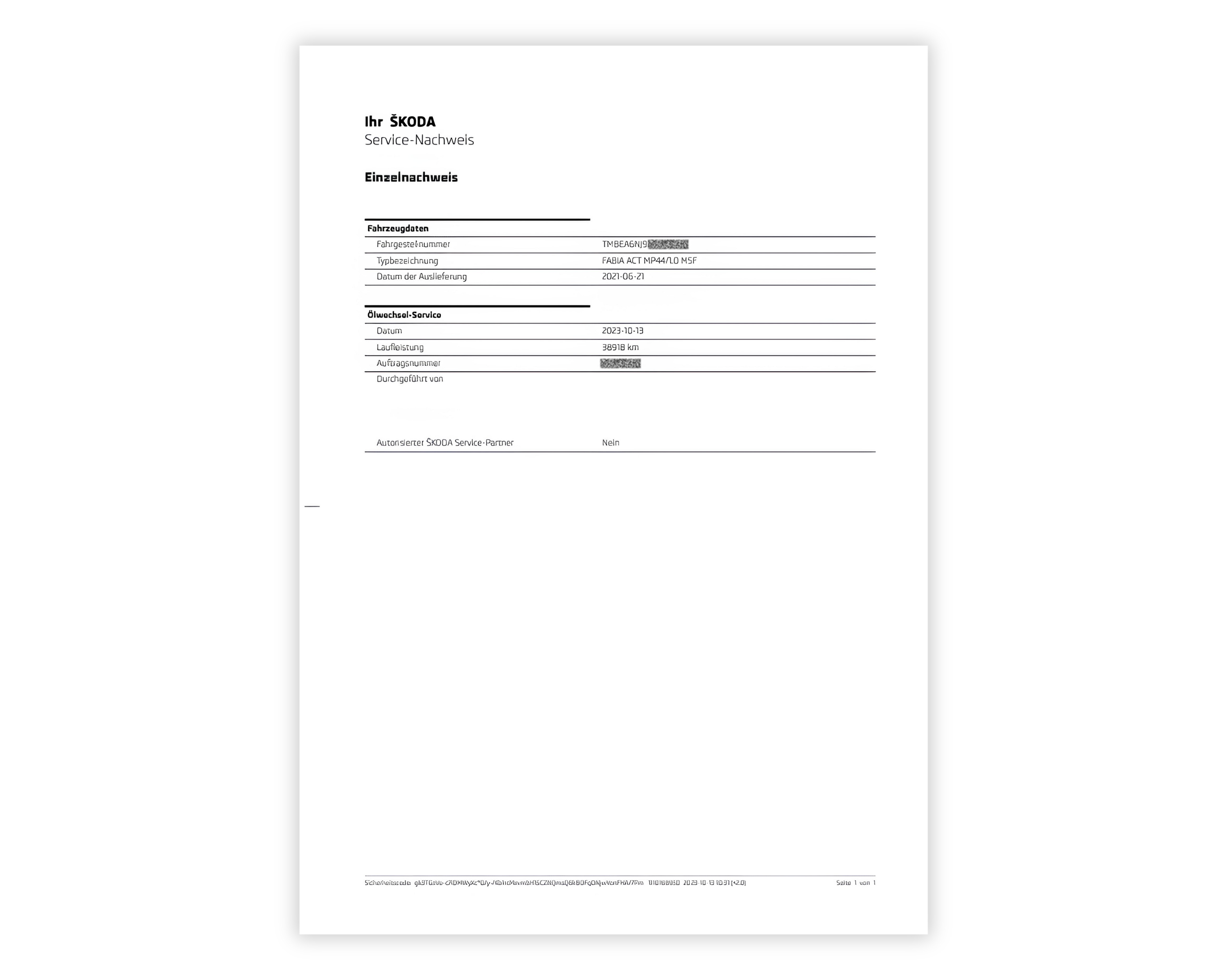 Screenshot einer Webseite mit dem Servicenachweis eines Fahrzeugs, mit Wartungshistorie für Skoda, einschließlich Servicedaten, Kilometerstand und durchgeführten Arbeiten bei jedem Besuch.